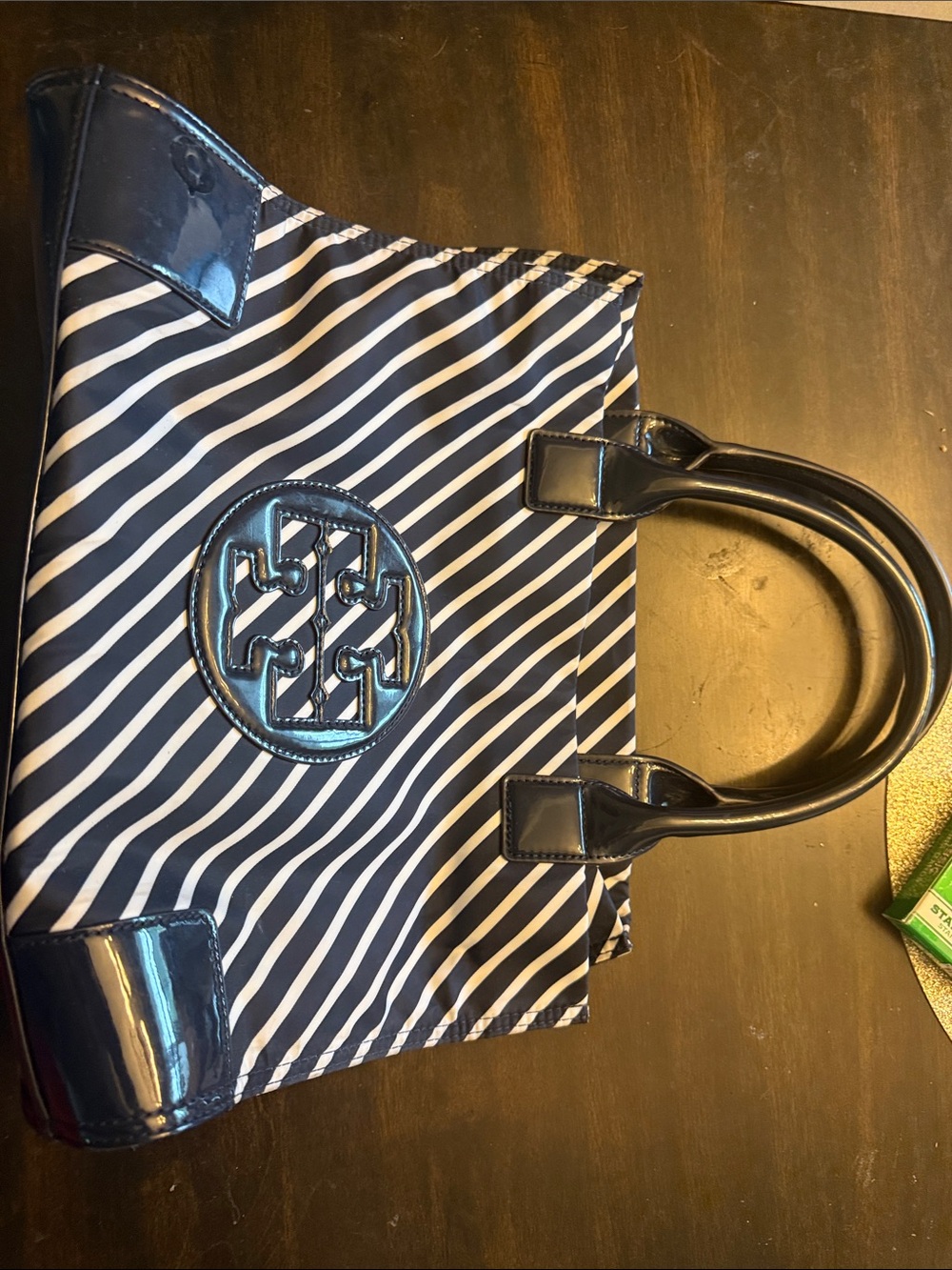 Tory Burch Navy & White Striped Tote Bag with Glossy Navy Trim